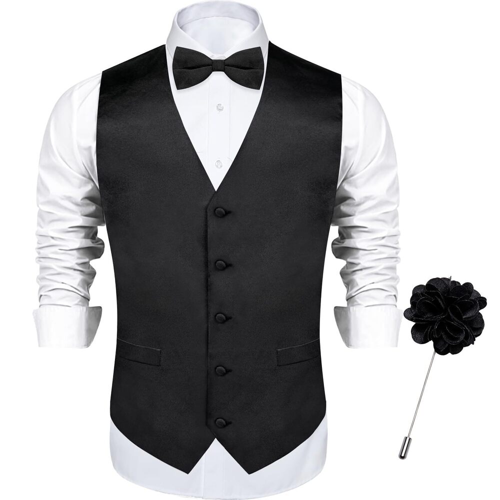 9775 Satin Vest and Bowtie Lapel Pin Set for Suit or Tuxedo,Solid Dress